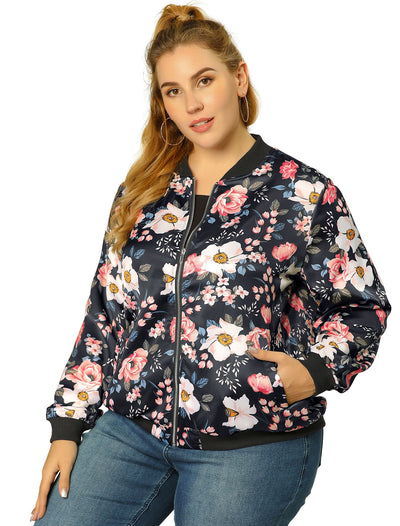 Plus Size Zipper Jackets Long Sleeves Floral Bomber Jacket