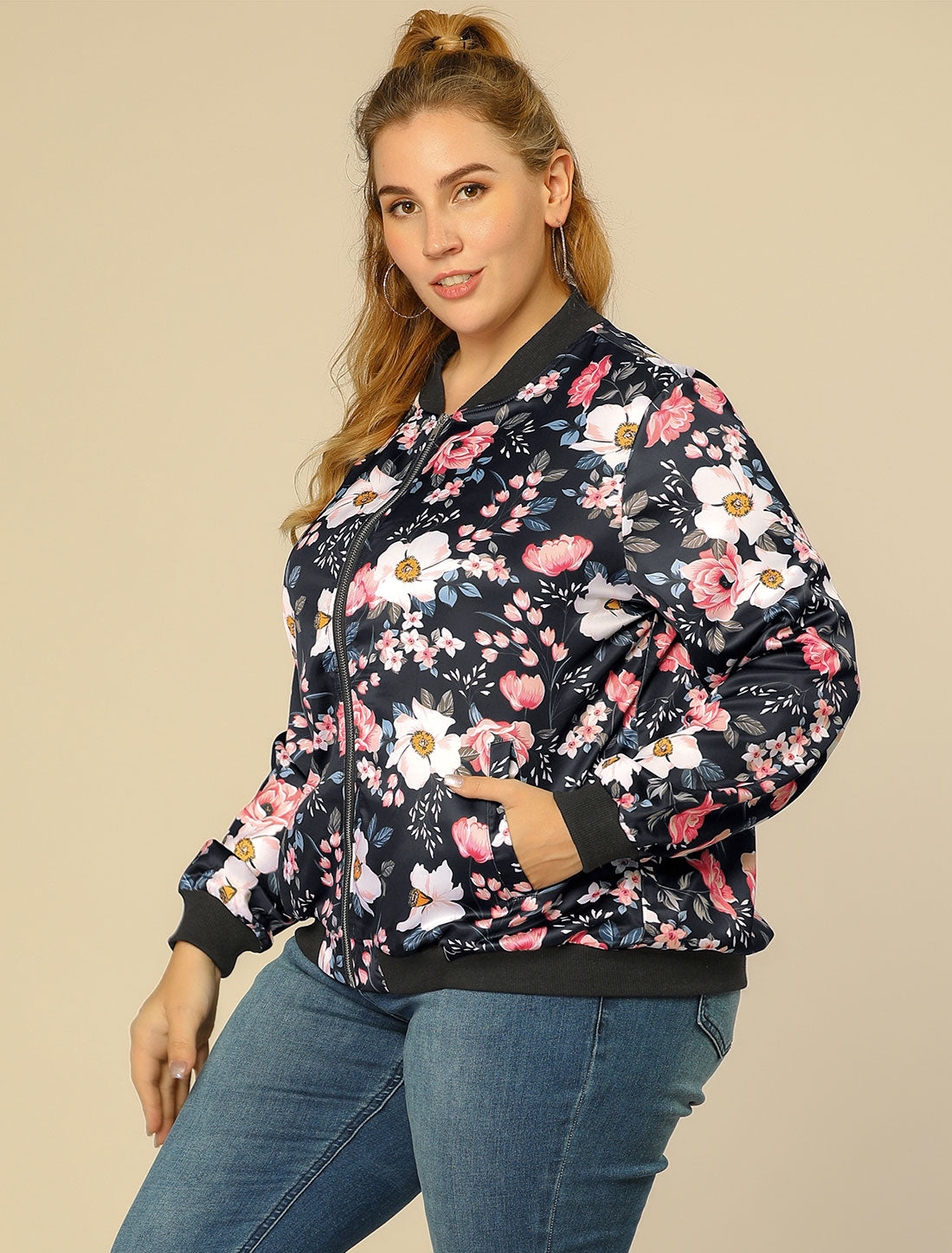 Bublédon Plus Size Zipper Jackets Long Sleeves Floral Bomber Jacket