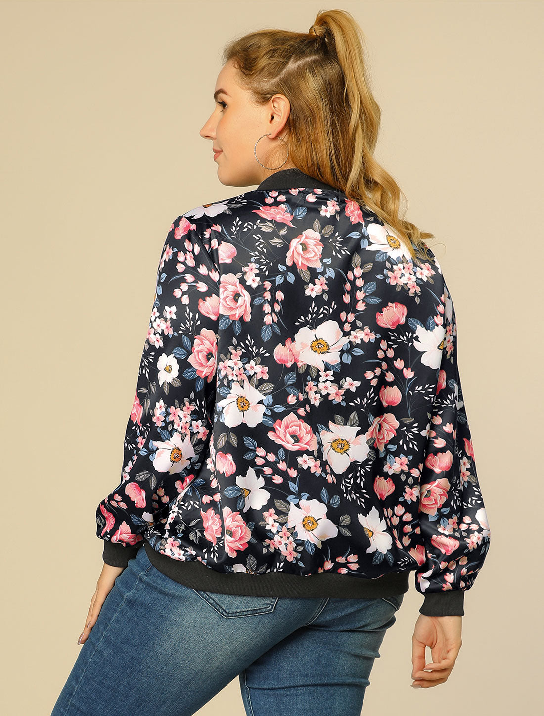 Bublédon Plus Size Zipper Jackets Long Sleeves Floral Bomber Jacket