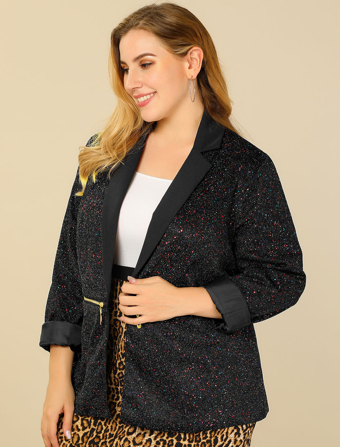 Bublédon Women Plus Size Paint Splatter Zipper Long Sleeve Printed Blazer