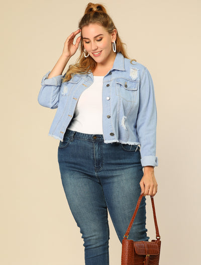 Plus Size Ripped Distressed Cropped Frayed Denim Jacket
