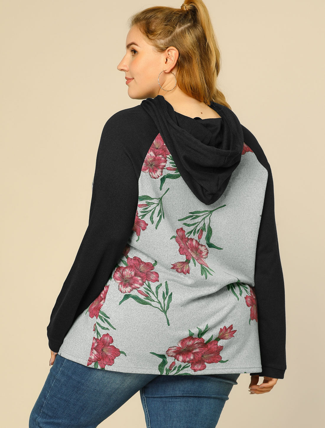 Bublédon Women's Plus Size Hoodies Raglan Sleeve Floral Hoodie