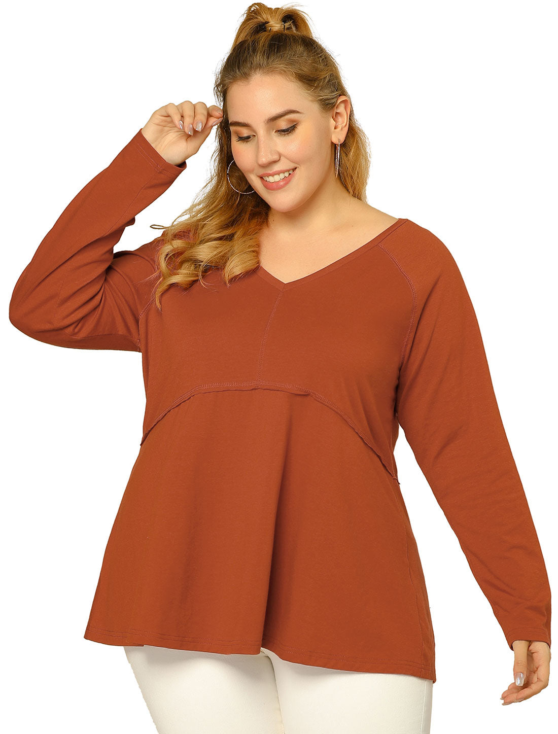 Bublédon Plus Size Casual Round Neck Swing Long Sleeves Trim Knit Top