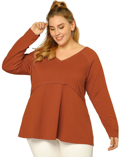 Plus Size Casual Round Neck Swing Long Sleeves Trim Knit Top