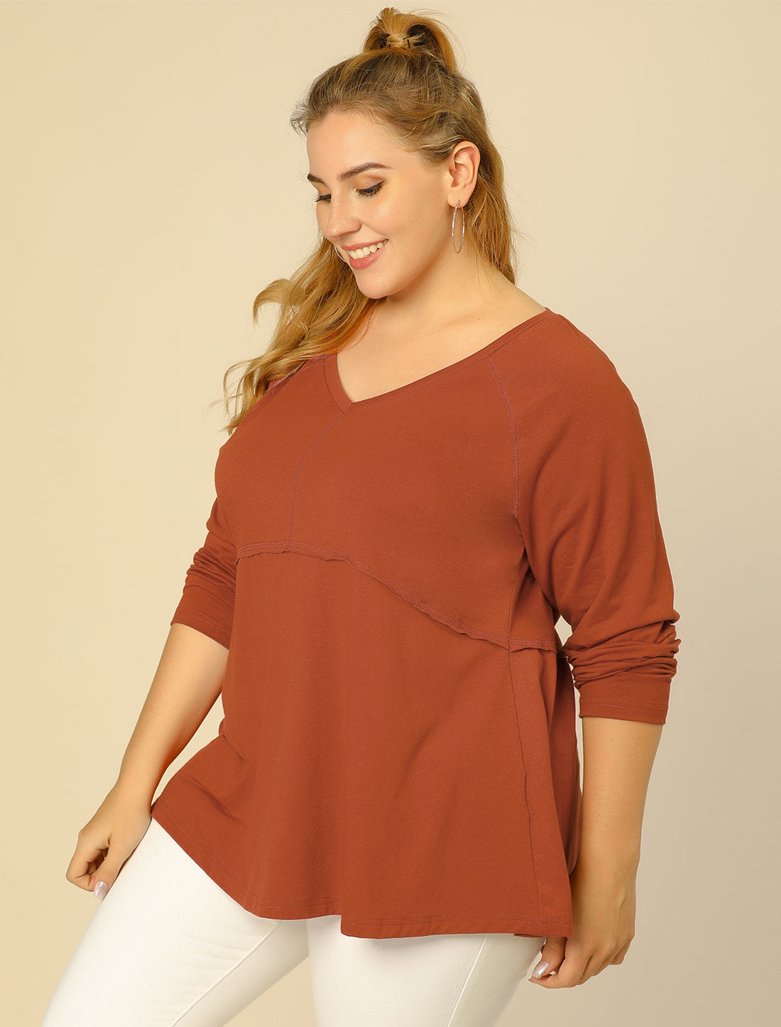 Bublédon Plus Size Casual Round Neck Swing Long Sleeves Trim Knit Top