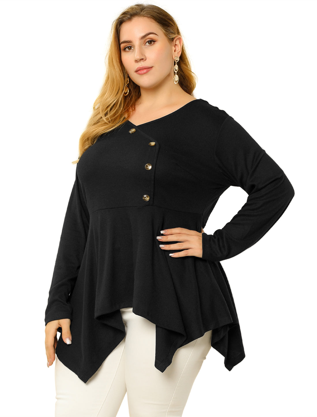 Bublédon Plus Size Casual Scoop Neck Solid Pleated Tunic Top