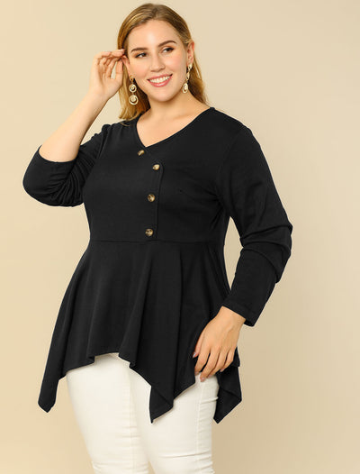 Bublédon Plus Size Casual Scoop Neck Solid Pleated Tunic Top