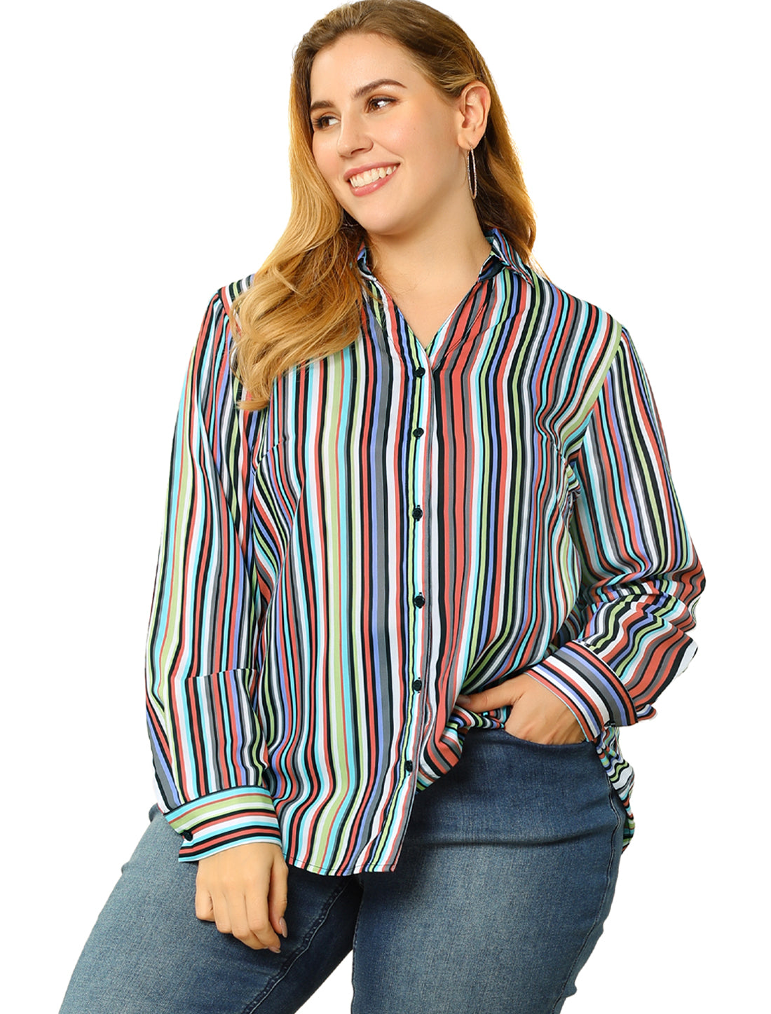 Bublédon Polyester H Line Vertical Stripe Long Sleeve Shirt