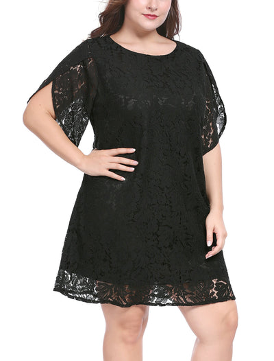 Lace Embroidered Plus Size Tulip Sleeve Short Dress