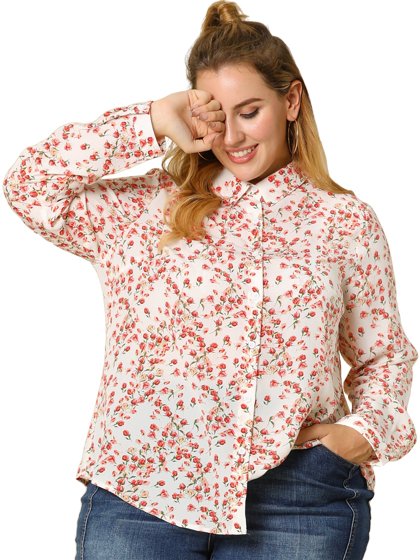 Bublédon Women's Plus Size Long Sleeve Button Down Floral Print Shirt