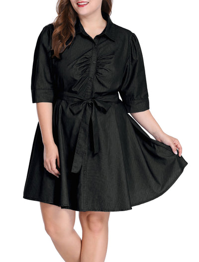 Bublédon Plus Size Lapel 1/2 Sleeve Belted Denim Shirt Dress