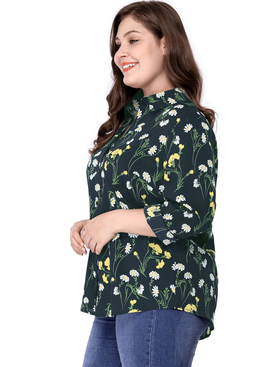 Bublédon Women's Plus Size Long Sleeve Button Down Floral Print Shirt