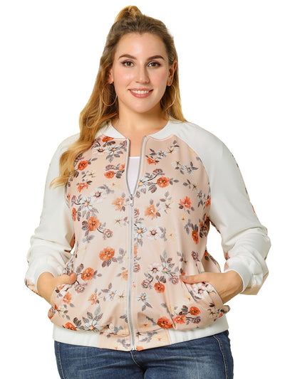 Women's Plus Size Zipper Raglan Sleeves Floral Bomber Jacket