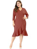 Cocktail V-neck Wrap Ruffled Midi Plus Size Dress