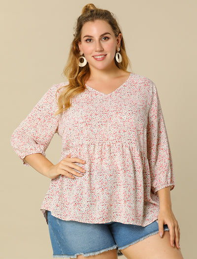 Chic Floral Printed V Neck Plus Size Babydoll Blouse
