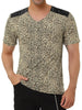 Leopard Print V Neck PU Panel Short Sleeve T-shirts