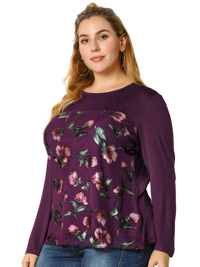 Mesh H Line Floral Round Neck Long Sleeve Blouse