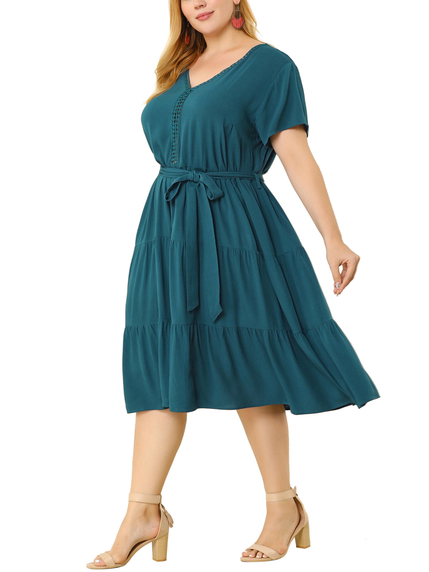 Bublédon Rayon Short Sleeve Solid Belt Tiered Plus Size Dress