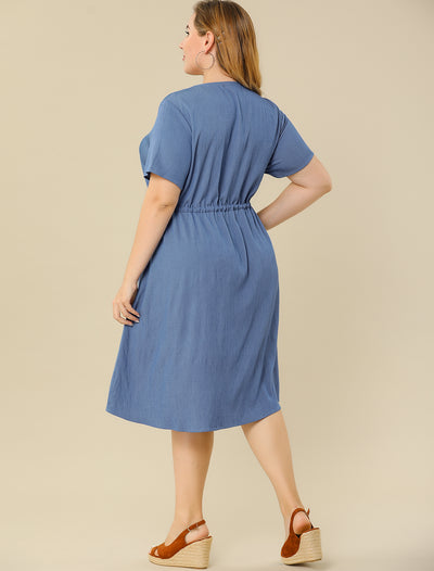 Spandex V Neck Elastic Waist Plus Size Denim Dress
