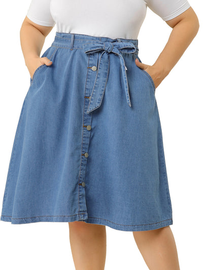 A Line Polyester Button Up Plus Size Denim Skirt