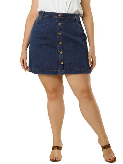 Classic A-Line Denim Button-Up Plus Size Skirt