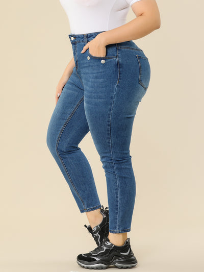 Plus Size Denim Mid Rise Stretch Washed Skinny Jeans
