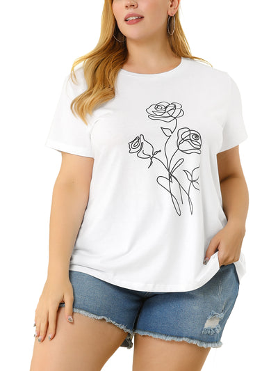 Polyester H Line Rose Round Neck T-shirt