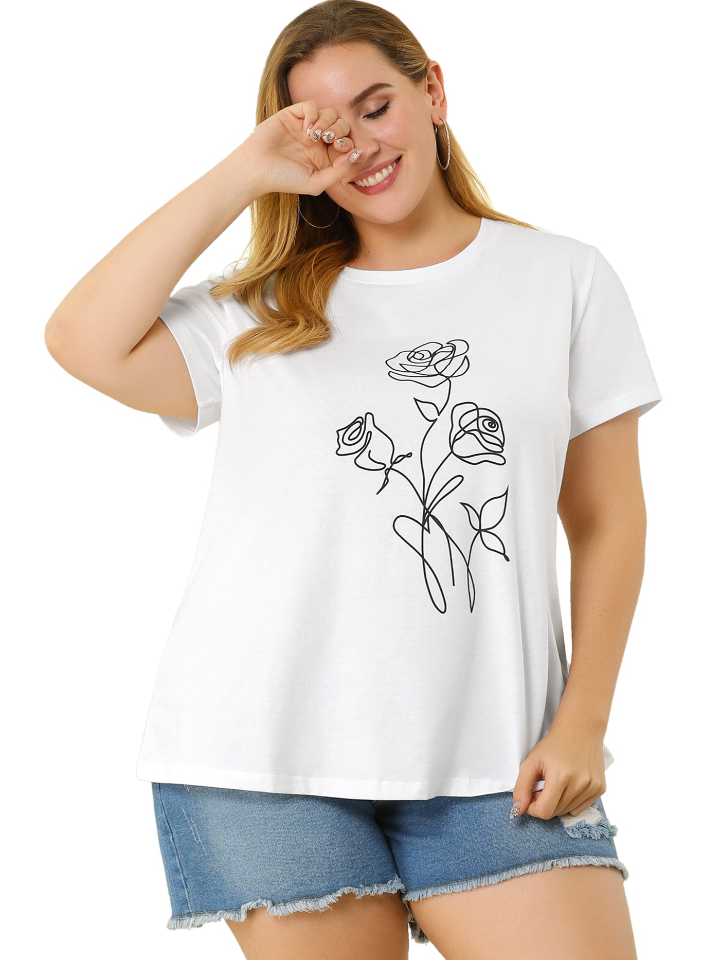 Bublédon Polyester H Line Rose Round Neck T-shirt