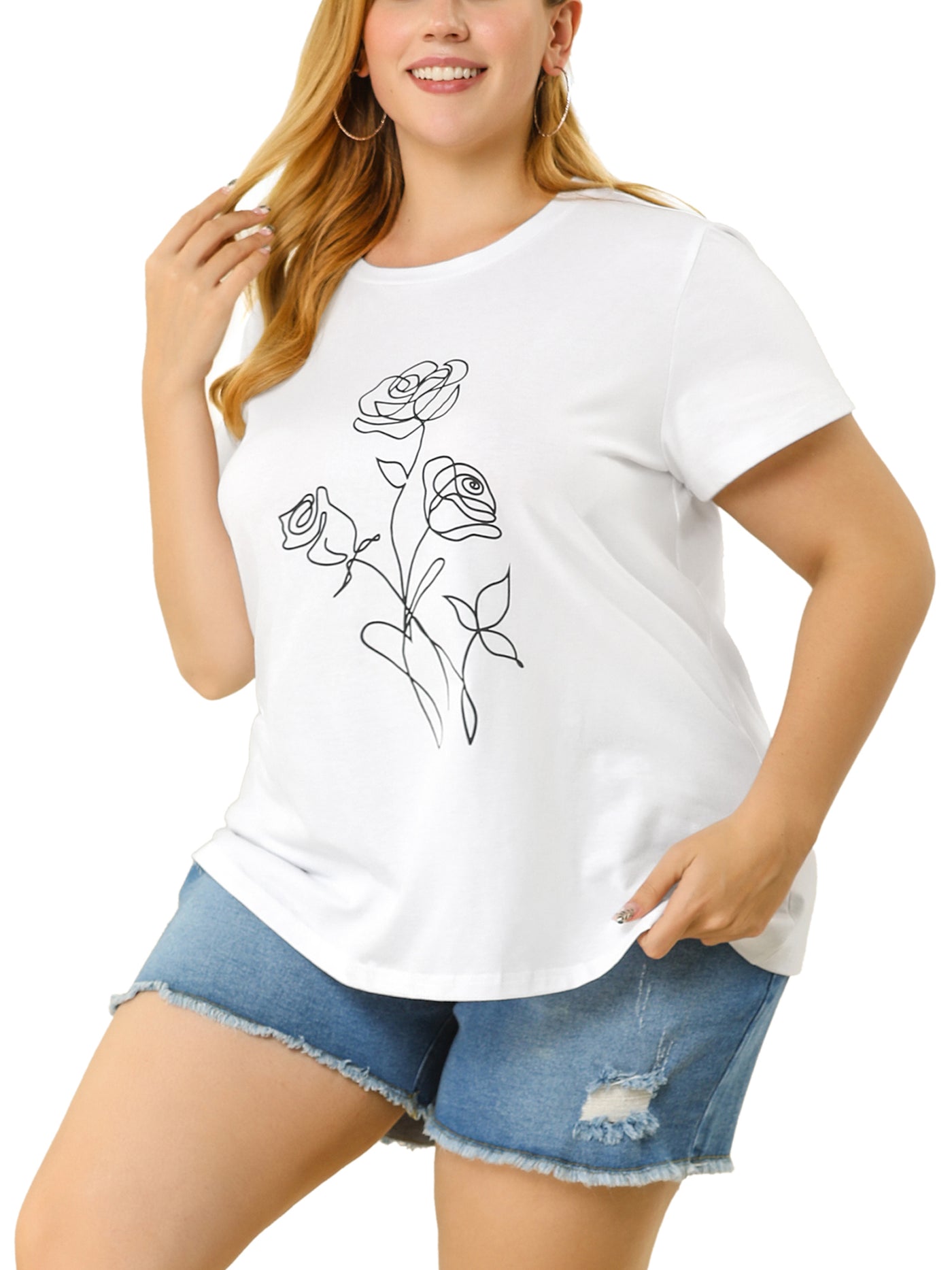Bublédon Polyester H Line Rose Round Neck T-shirt