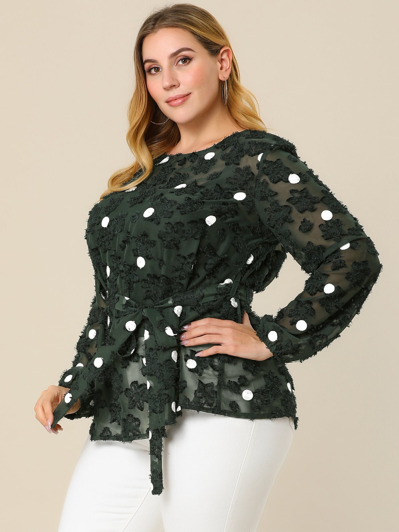 Bublédon Plus Size Belted Waisted Polka Dots Peplum Mesh Lace Top
