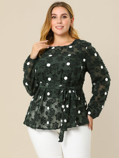 Plus Size Belted Waisted Polka Dots Peplum Mesh Lace Top