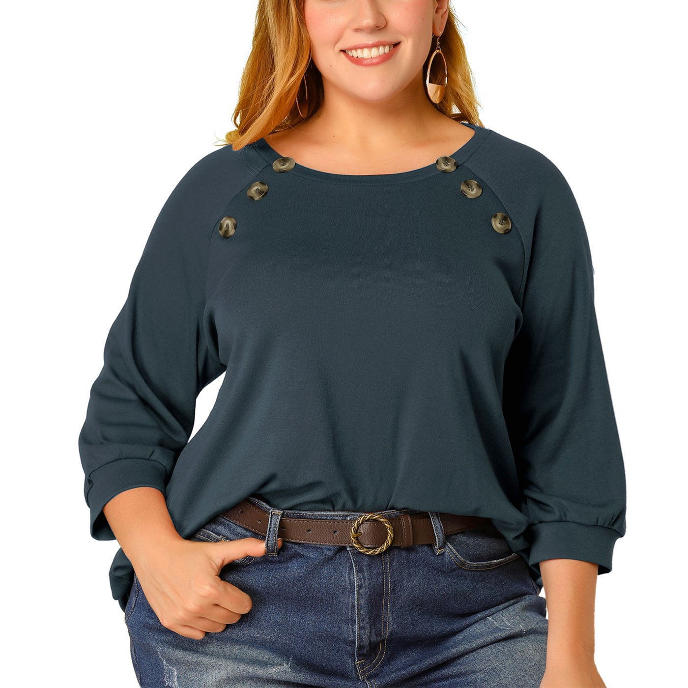 Bublédon Casual Plus Size Round Neck Raglan Long Sleeve Shirt