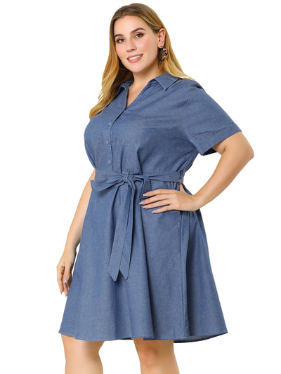 Casual Wrap Belted Lapel Chambray Plus Size Dress