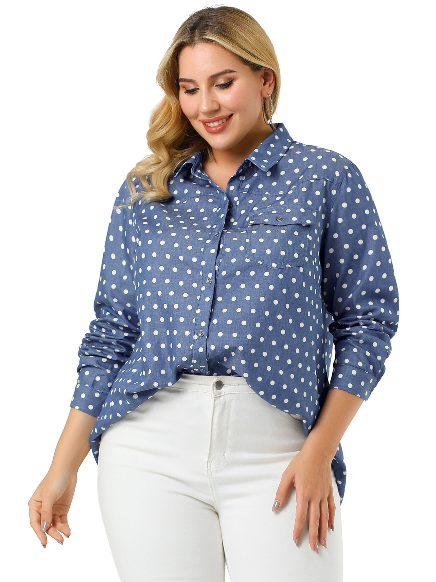 Bublédon Plus Size Long Sleeve Chest Pocket Denim Shirt