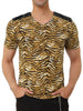 Leopard Print V Neck PU Panel Short Sleeve T-shirts