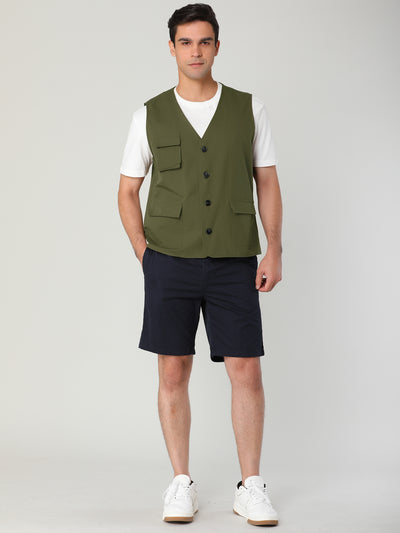 Casual Cotton Pockets Plain V Neck Cargo Vests