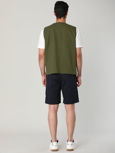 Casual Cotton Pockets Plain V Neck Cargo Vests