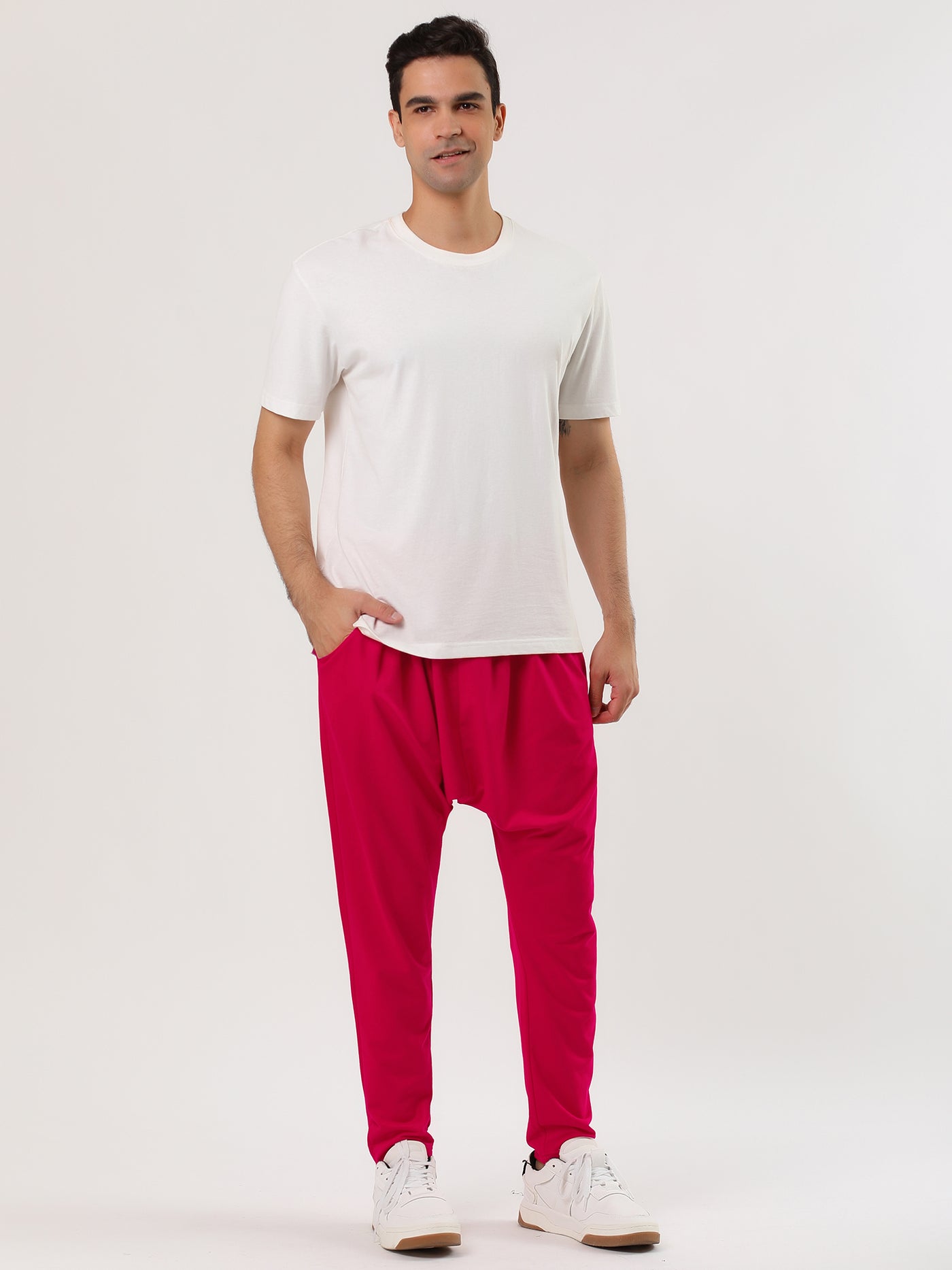 Bublédon Solid Color Elastic Waist Slant Pockets Harem Pants