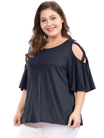 Women Plus Size Strappy Cold Shoulder Trumpet Sleeves Blouse