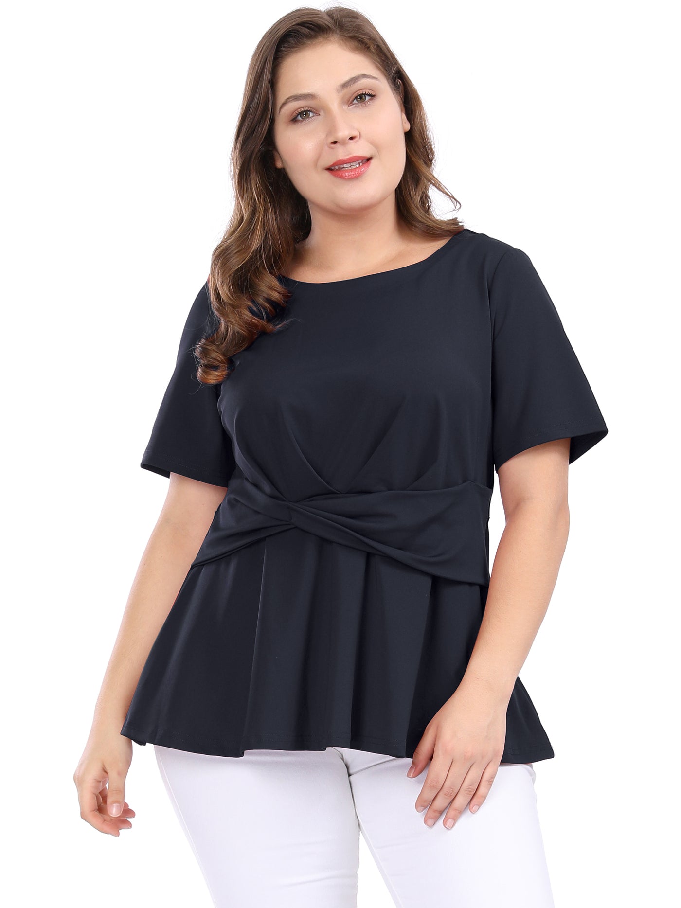 Bublédon Women Plus Size Short Sleeves Twisted Knot Front Peplum Top