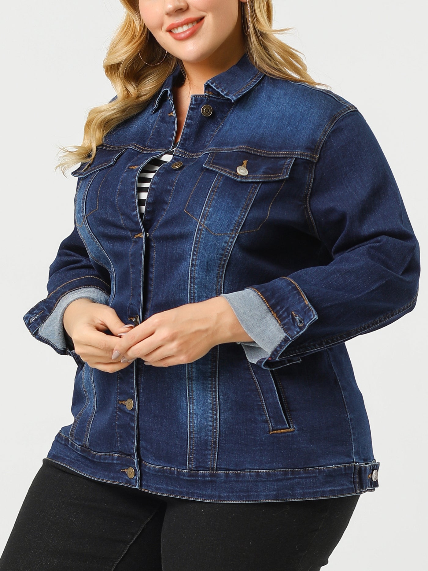 Bublédon Women Plus Size Stitching Button Front Washed Denim Jacket