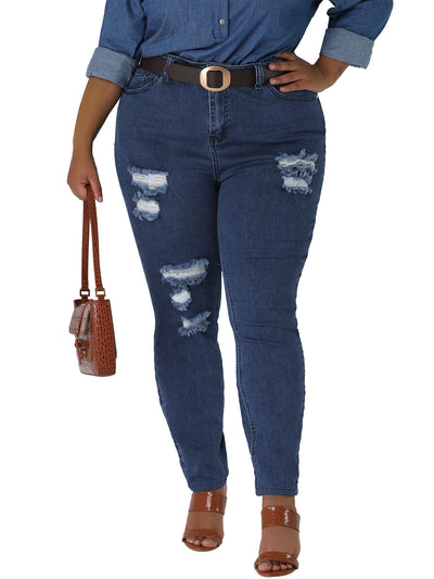 Women's Plus Size Zip Fly Mid Rise Skinny Ripped Jeans