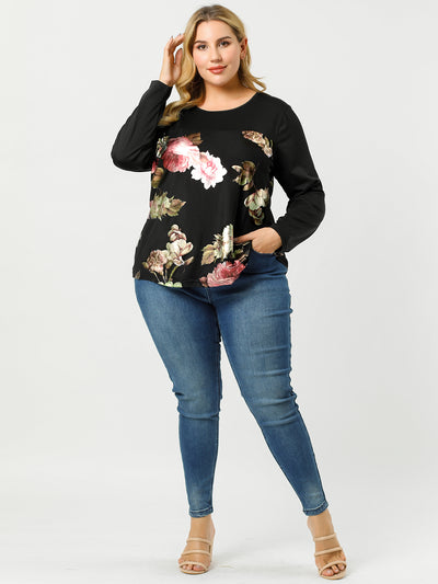 Mesh H Line Floral Round Neck Long Sleeve Blouse