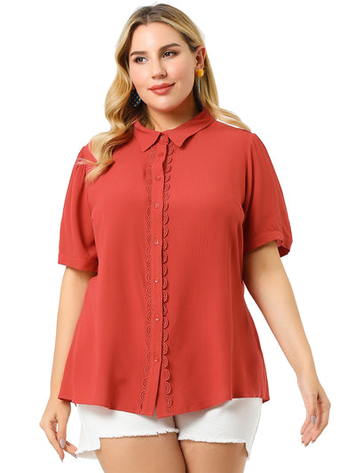 Shirt Short Sleeve Lace Inset Button Up Collar Top