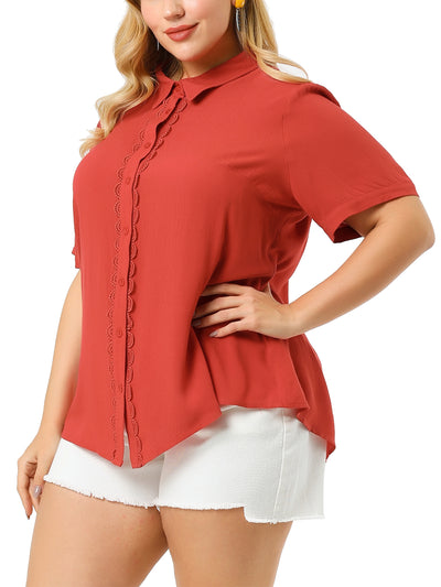 Shirt Short Sleeve Lace Inset Button Up Collar Top
