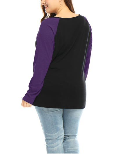Plus Size Tops Floral Skull Colorblock Raglan Long Sleeve Shirt