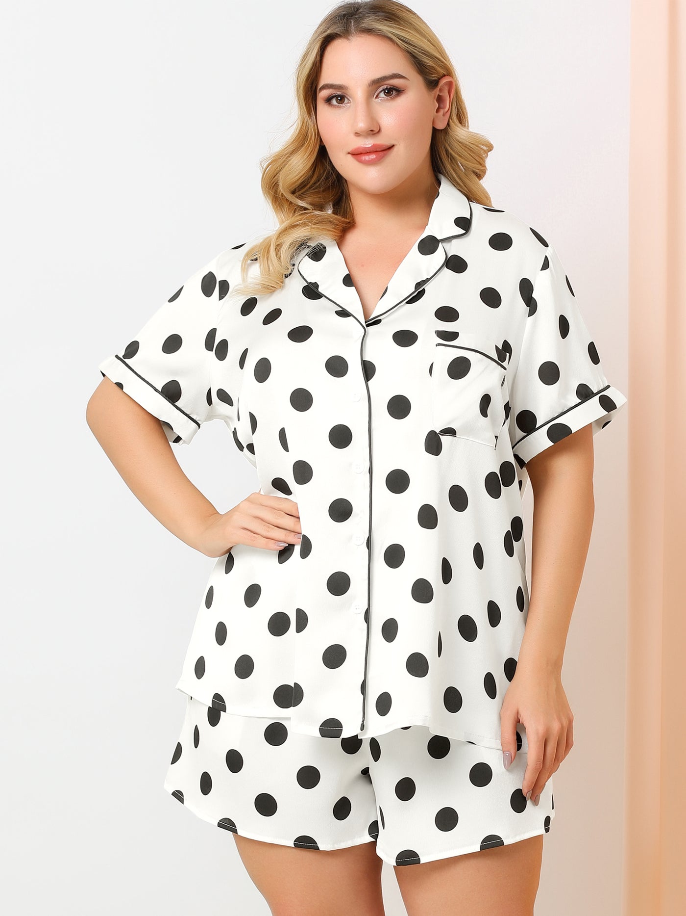 Bublédon Women's Plus Size Pajama Set Short Sleeve Bottoms Polka Dots Shirt