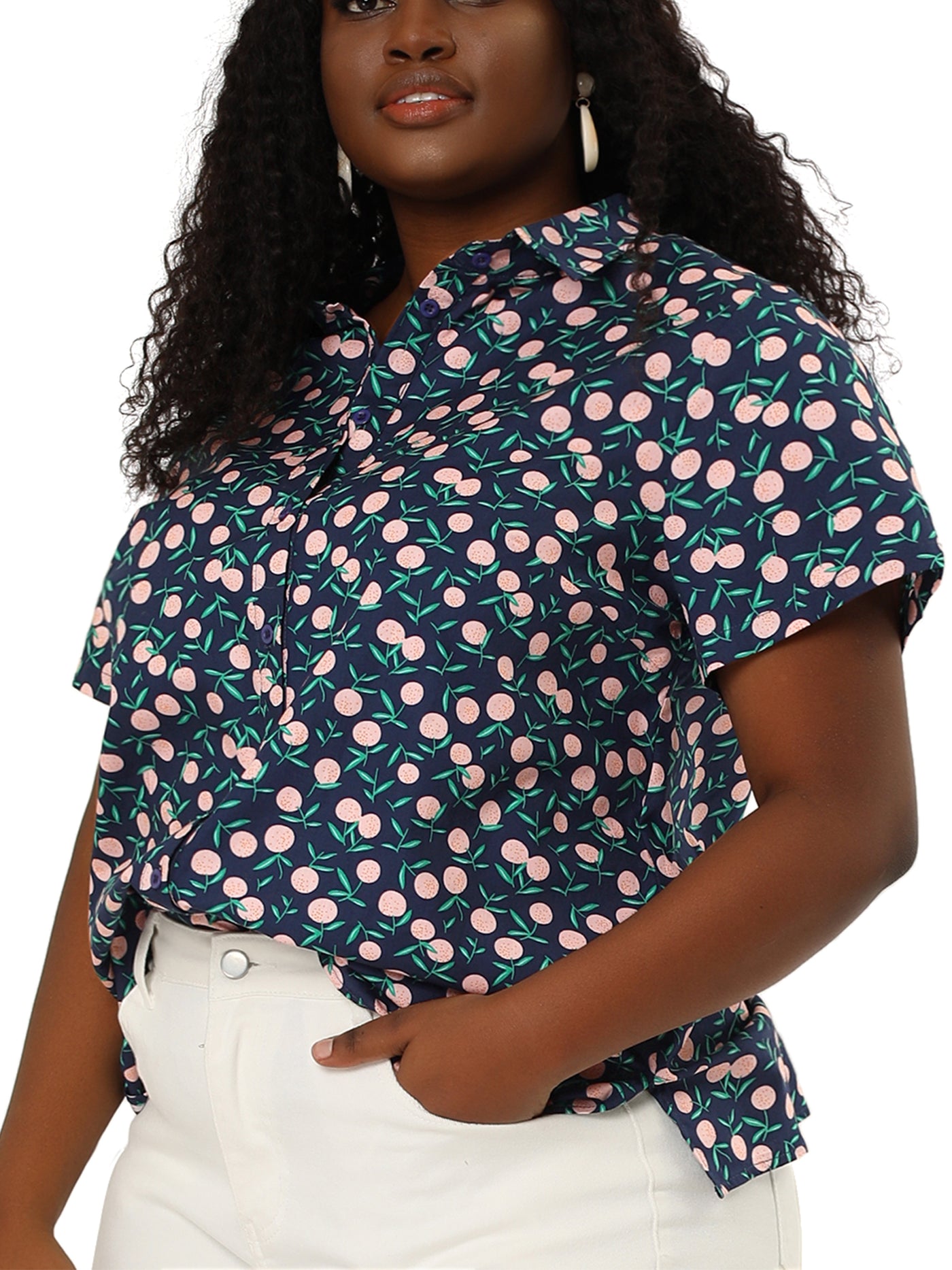 Bublédon Plus Size Shirt Short Sleeve Fruit Printed Point Collar Top