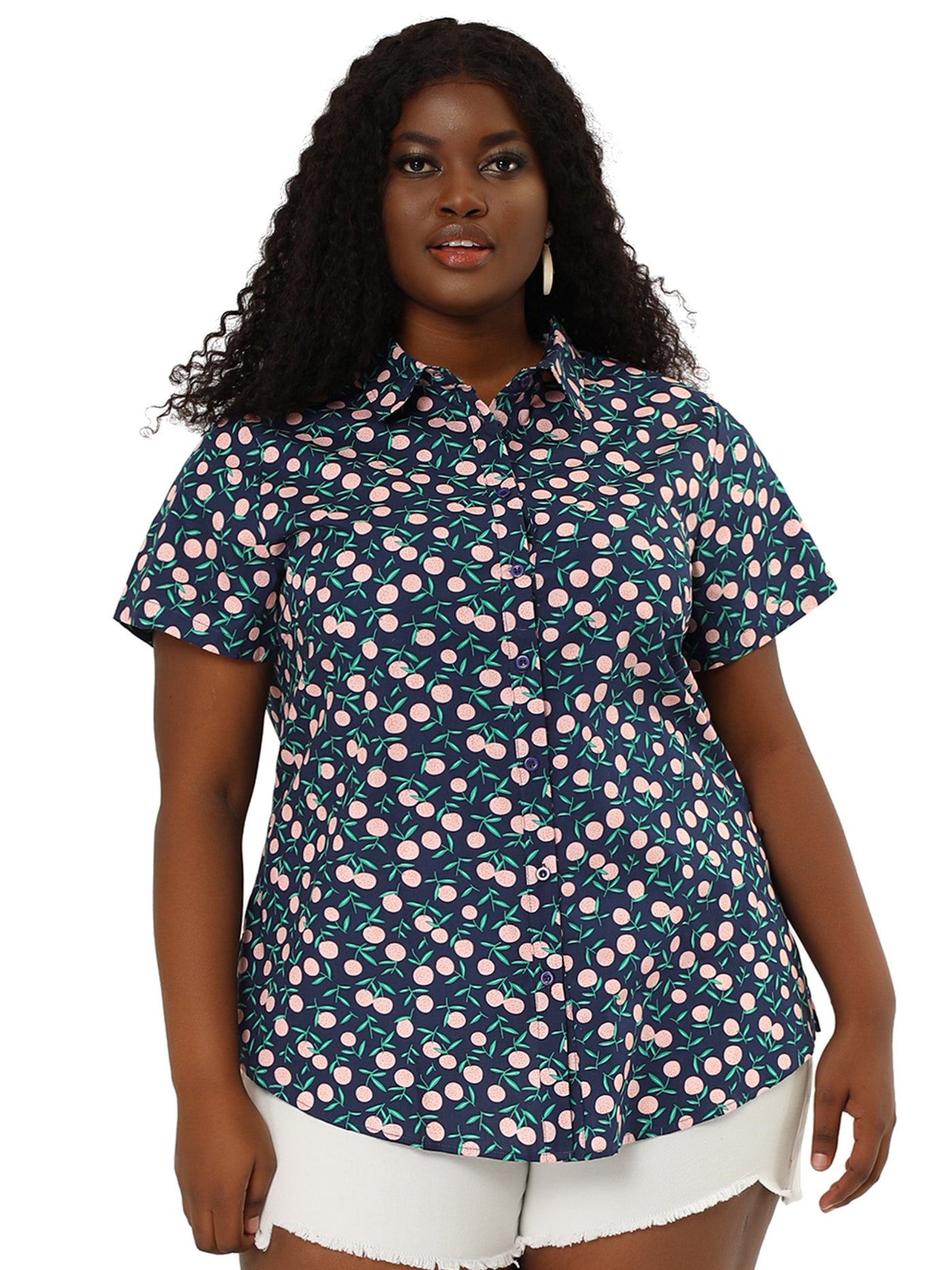 Bublédon Plus Size Shirt Short Sleeve Fruit Printed Point Collar Top