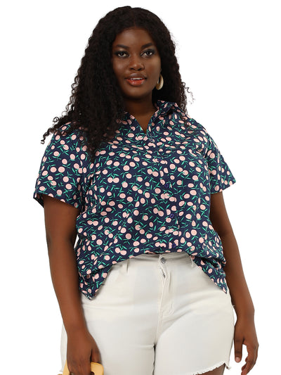 Plus Size Shirt Short Sleeve Fruit Printed Point Collar Top